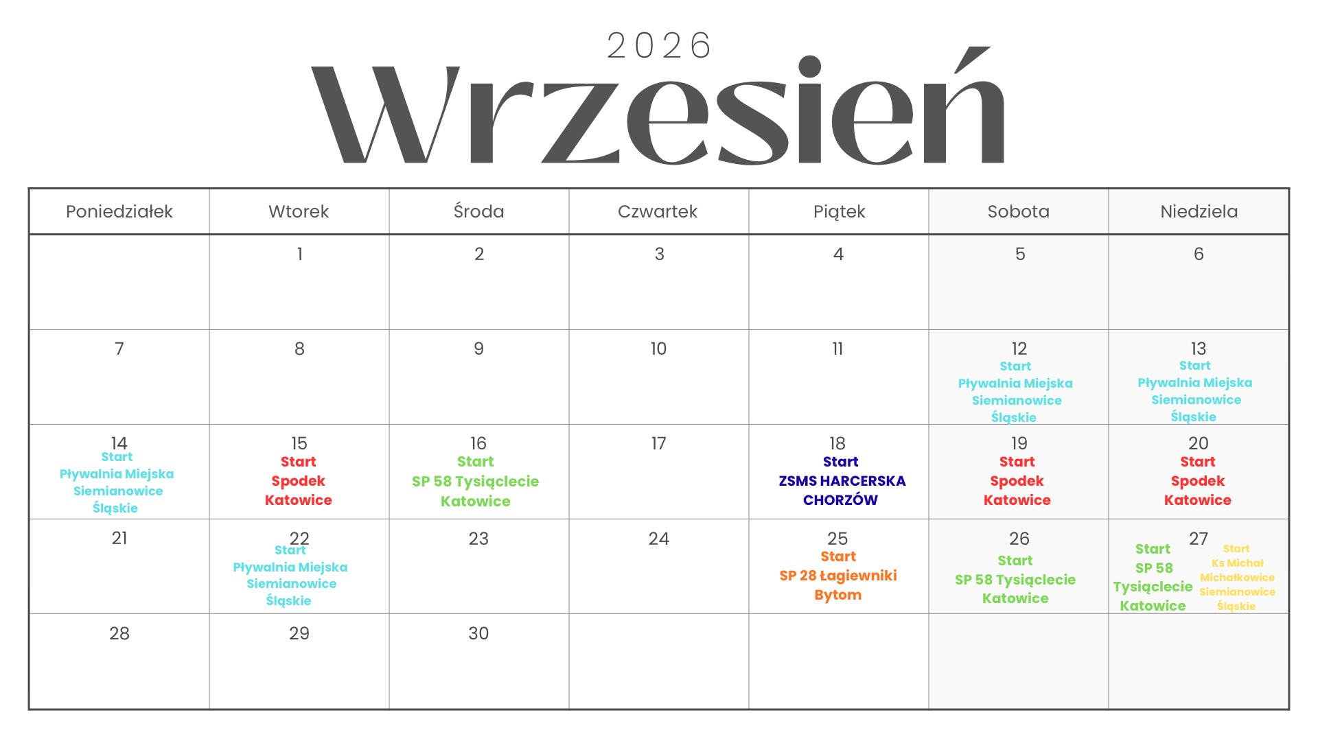 Kalendarz startów zajęć Tommy-Swim we wrześniu 2026